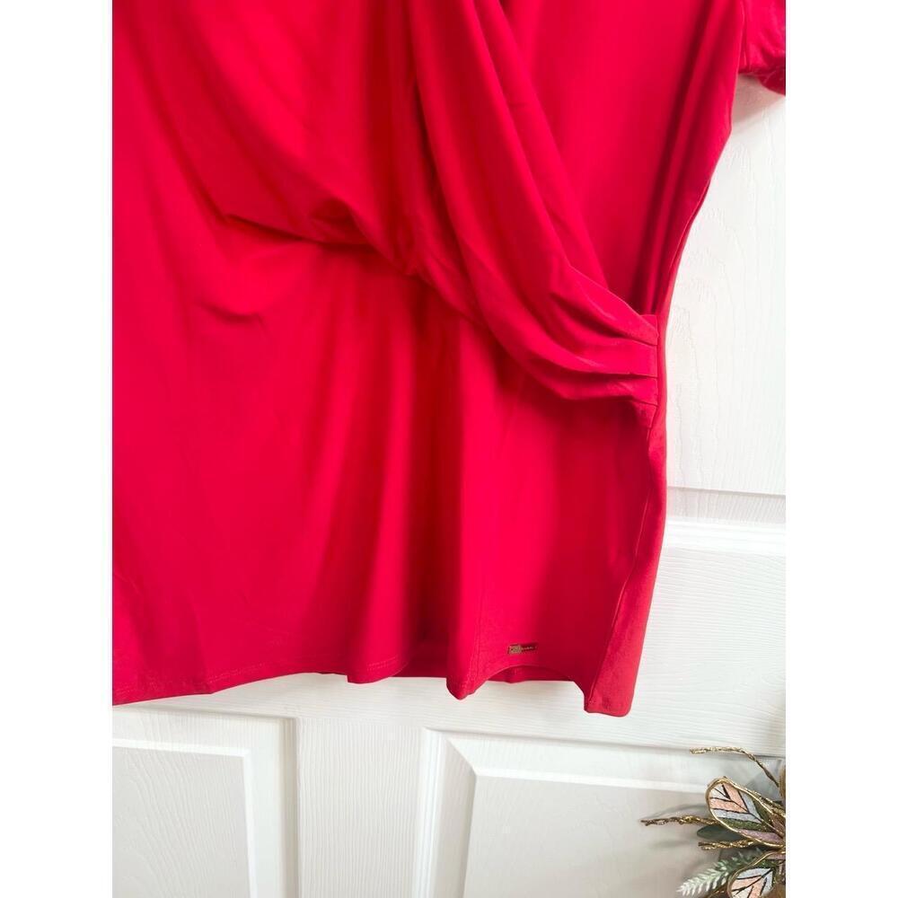 T TAHARI Blouse Size M Red Draped V Neck Short Sleeve Jersey Knit Faux Wrap Top - Picture 5 of 10